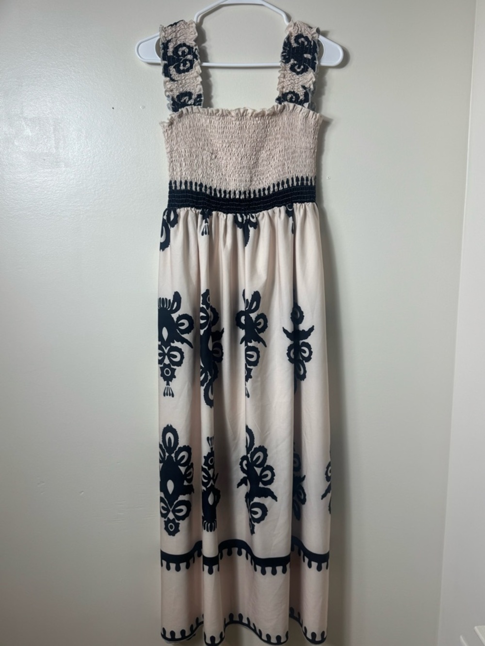 Love Kuza Smocked Maxi Dress Cream Black Boho Coastal